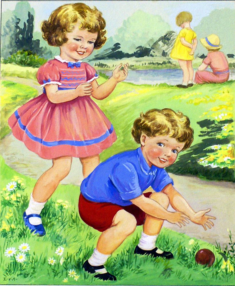 Two Children Playing with a Ball (Original) (Signed) art by E V Abbott Art at The Illustration Art Gallery