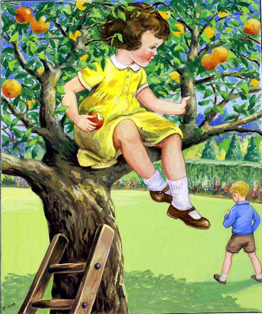Girl in an Orange Tree (Original) (Signed) art by E V Abbott at The Illustration Art Gallery