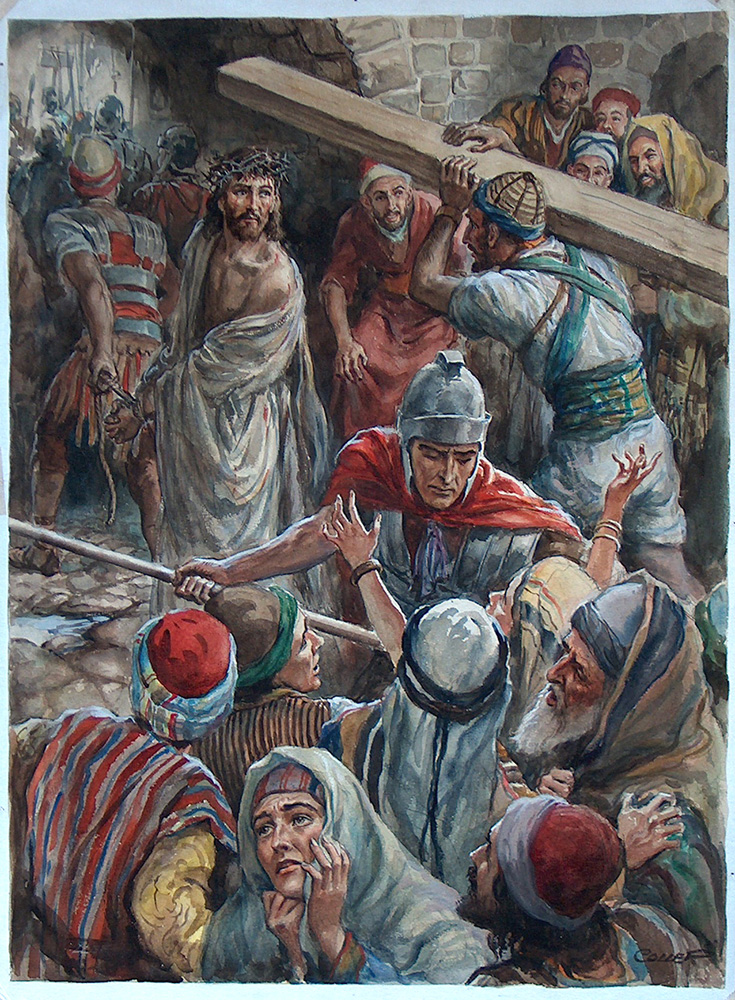 Simon of Cyrene carries the cross for Jesus (Original) (Signed)