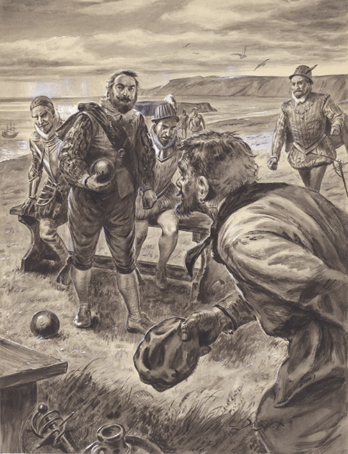 Sir Francis Drake plays Boules on the Beach (Original) (Signed) by British History (Doughty) at The Illustration Art Gallery