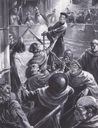 John Wycliffe on Trial, 4 May 1415 art by Cecil Doughty