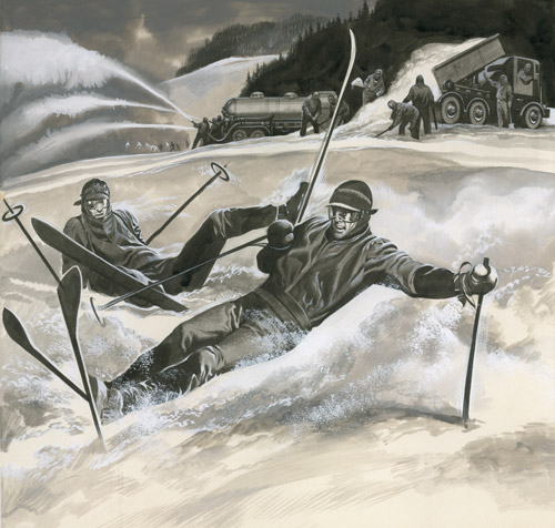 Skiers and snow machines (Original) by Ron Embleton Art at The Illustration Art Gallery
