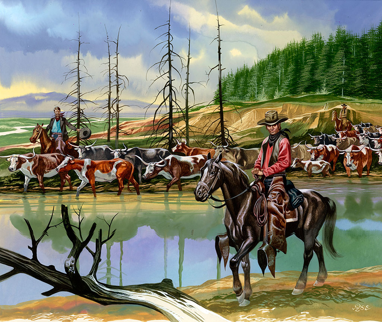 Texan Cowboys Driving Cattle North (Original) (Signed) art by American History (Ron Embleton) at The Illustration Art Gallery