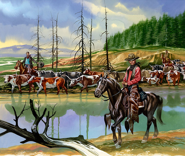 Texan Cowboys Driving Cattle North (Original) (Signed) by American History (Ron Embleton) at The Illustration Art Gallery