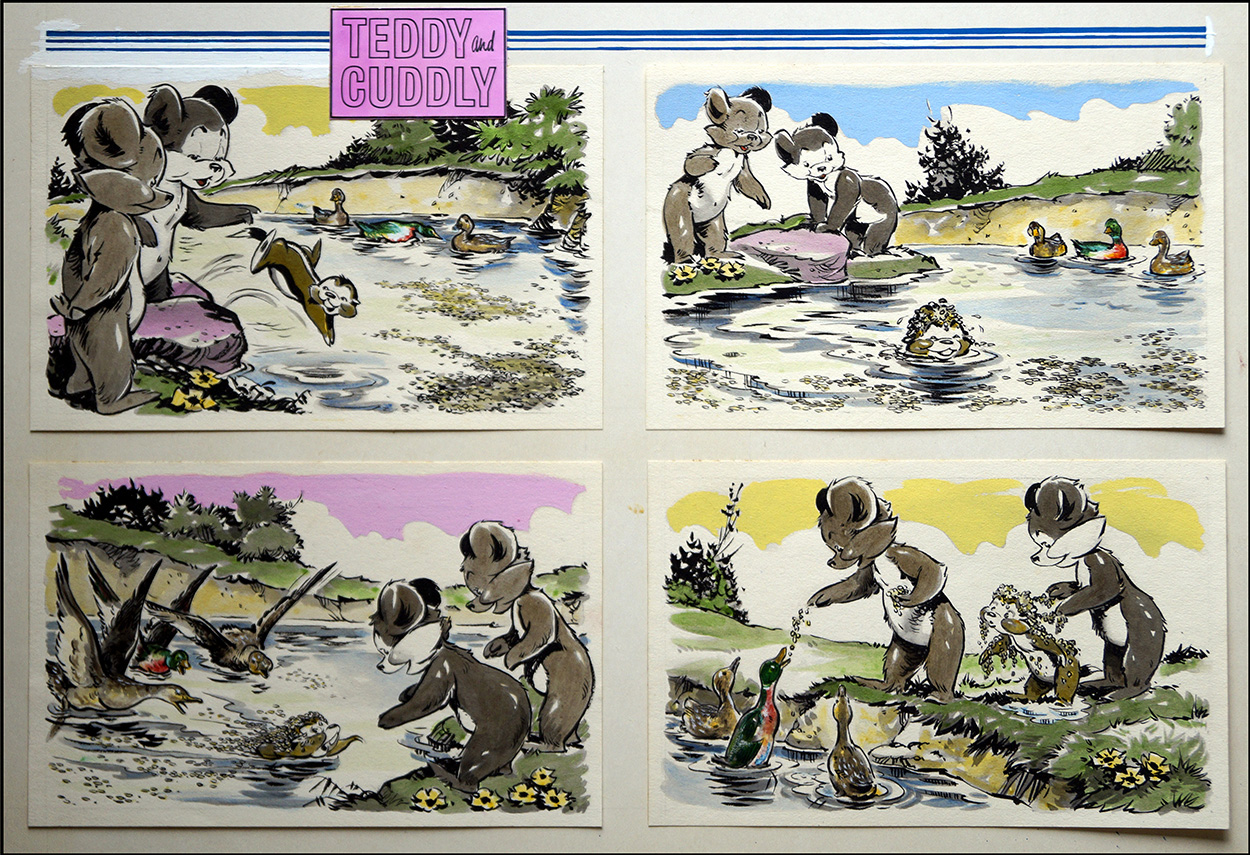 Teddy and Cuddly Feed the Ducks (Original) art by Bert Felstead at The Illustration Art Gallery