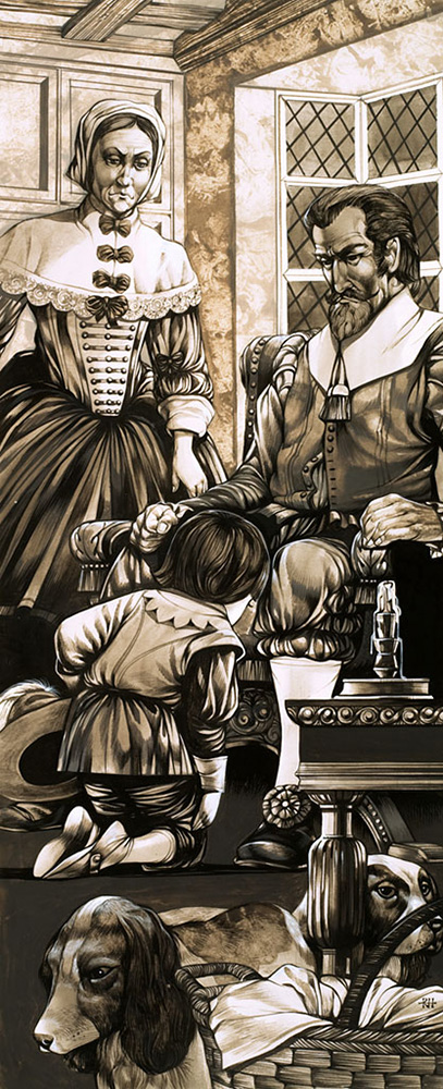 A 17th Century Boy Kneels in Front of his Father in Penitence (Original) (Signed) art by Richard Hook at The Illustration Art Gallery