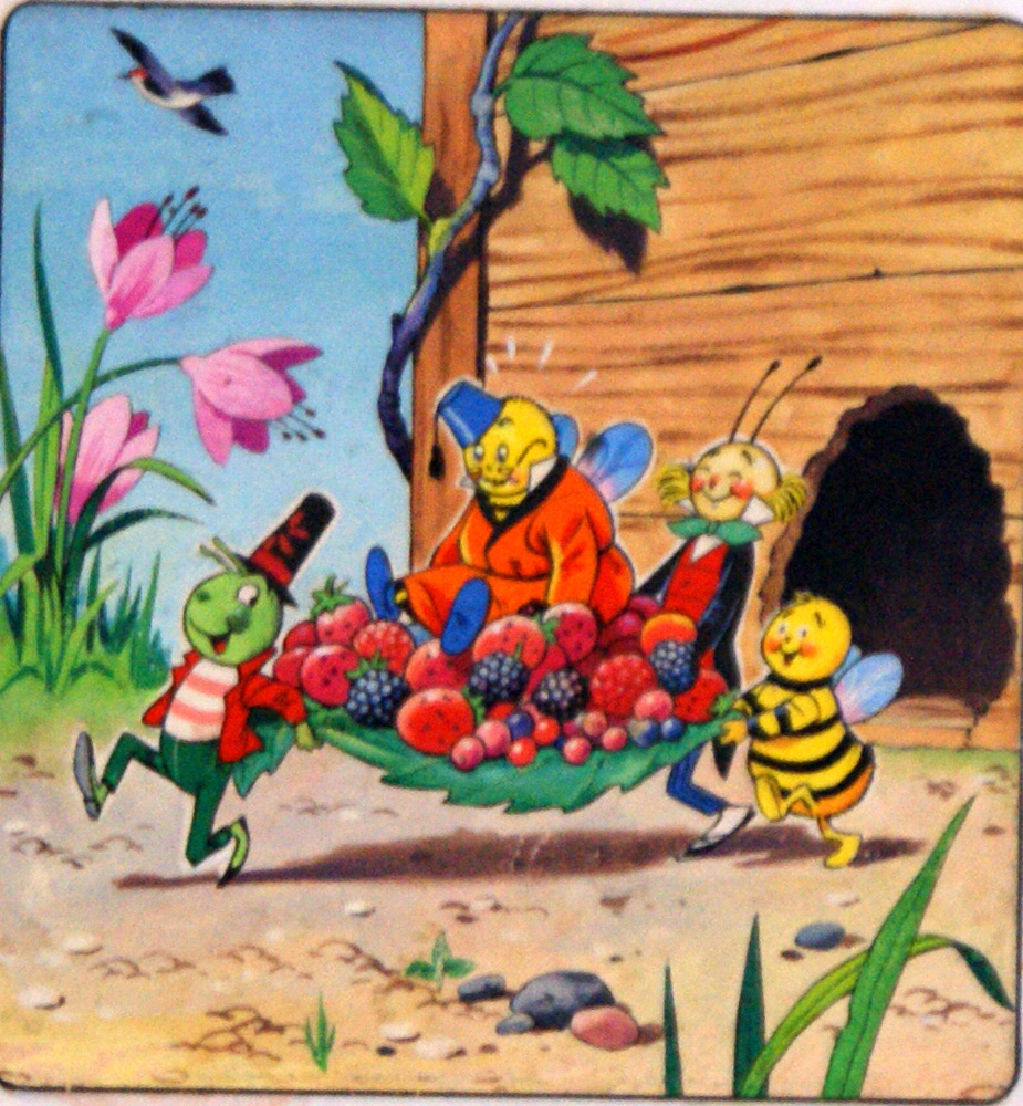 Gregory Grasshopper and his pals carry Mr Bumblebee (Original) art by Gregory Grasshopper (Gordon Hutchings) Art at The Illustration Art Gallery