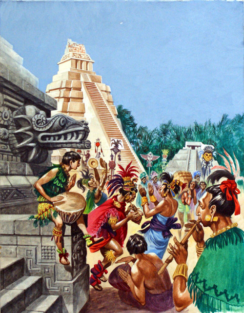Celebrations at a Mayan Temple (Original) by Peter Jackson Art at The Illustration Art Gallery