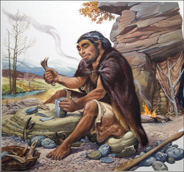 Neanderthal Tool Maker (Original) (Signed) by Bernard Long Art at The Illustration Art Gallery