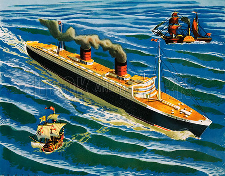 The Santa Maria, the Sirius and the Queen Elizabeth (Original Macmillan Poster) (Print) by Lewis Lupton at The Illustration Art Gallery
