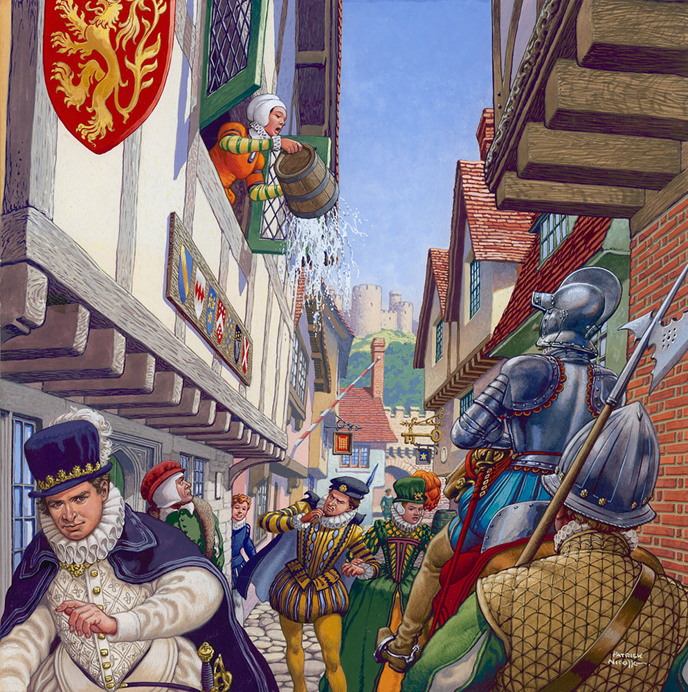 An Elizabethan Street Scene (Original) (Signed) art by British History (Pat Nicolle) at The Illustration Art Gallery