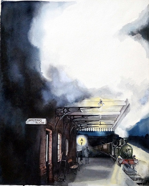 The Ghost Now Standing on Platform One book cover art (Original) by Kim Palmer Art at The Illustration Art Gallery