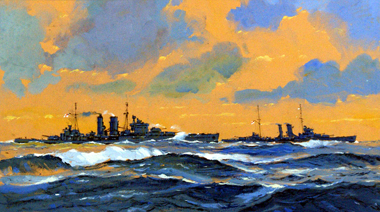 HMS Exeter and HMS York (Original) by John S Smith at The Illustration Art Gallery
