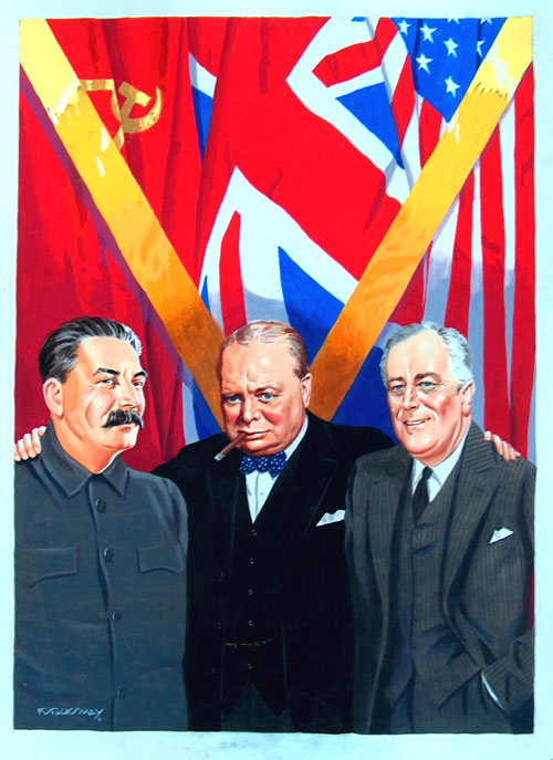 Winston Churchill, Franklin Roosevelt, Joseph Stalin (Original) (Signed) by F Stocks May Art at The Illustration Art Gallery