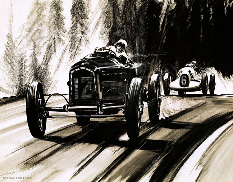Motor Racing at the Nurburgring in the 1930s (Original) by Gerry Wood at The Illustration Art Gallery